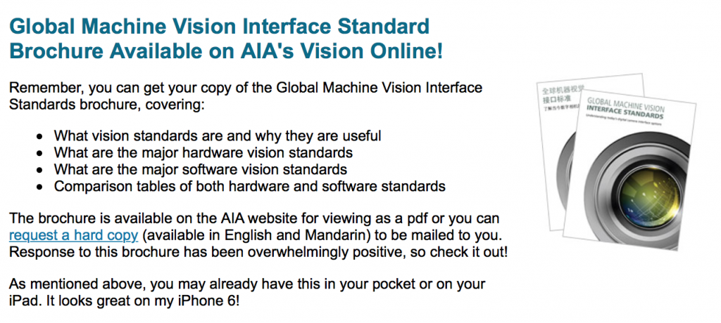 An excerpt from the A3 Global Vision Standards Update newsletter that describes the Global Vision Standard brochure, offered in print, pdf, English, and Chinese.